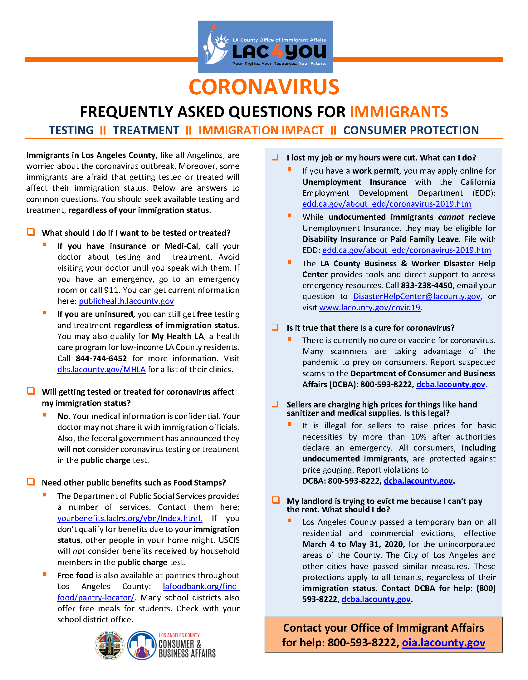FAQ on Coronavirus for Immigrants. Text-based document with blue and orange headers.