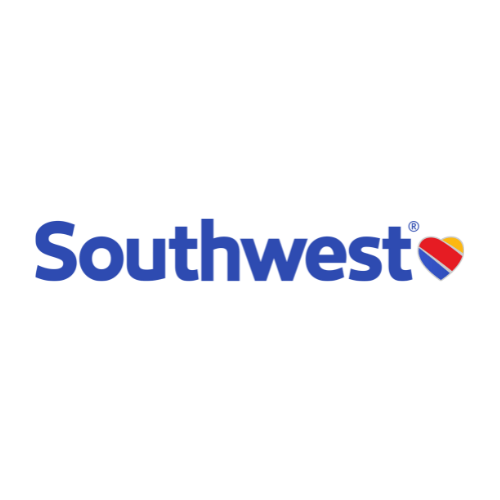 Southwest Airlines logo, blue text with heart-shaped plane in red, yellow, and blue.