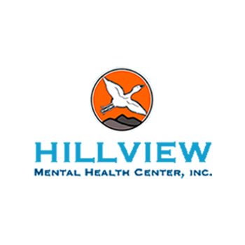 Hillview Mental Health Center logo: white bird flying over mountains, orange and blue circle.
