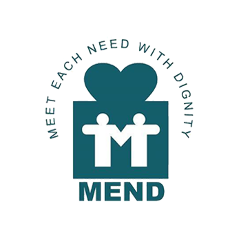 Logo with heart and two figures inside a box; text: 