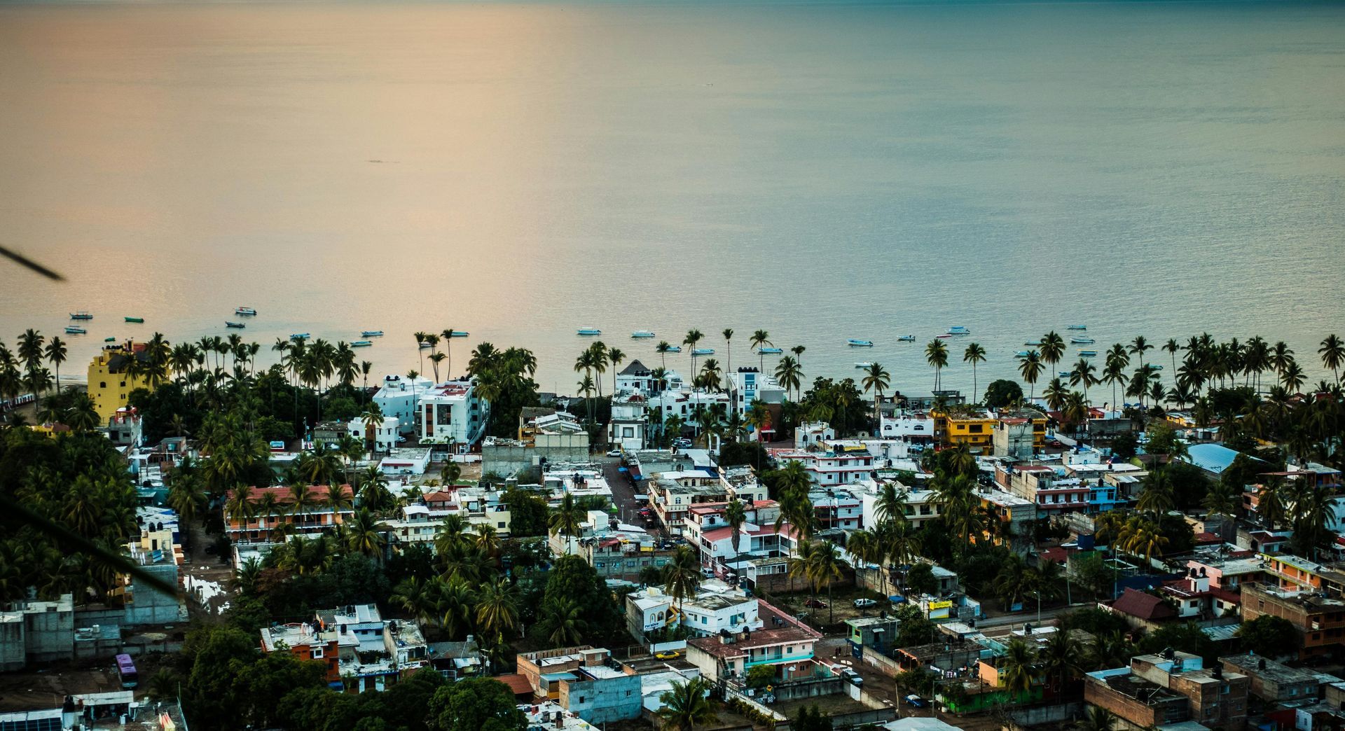 Coastal town, white buildings, palm trees, boats on calm water, ocean background.