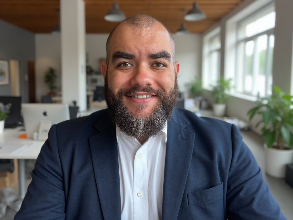Man with a beard in a blue blazer smiling in an office with natural light and plants.