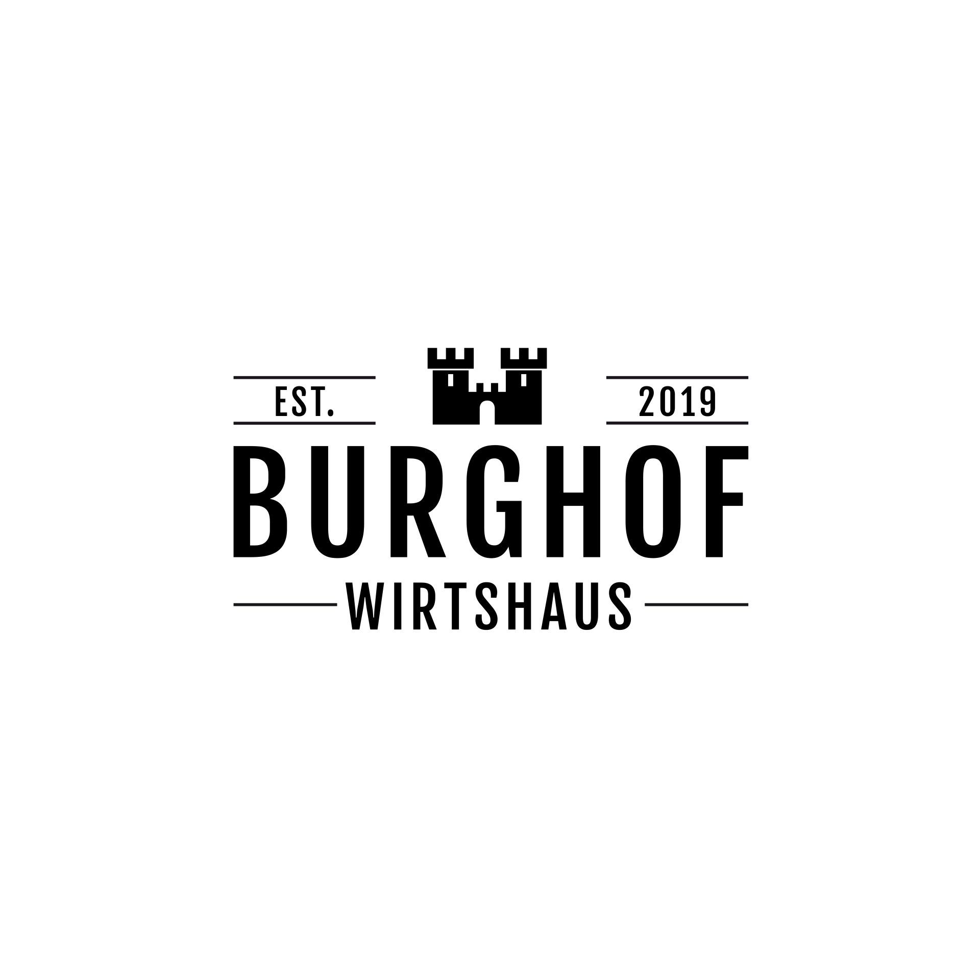 Ein schwarz-weißes Logo für das Burghof Wirtshaus mit einem Schloss darauf.