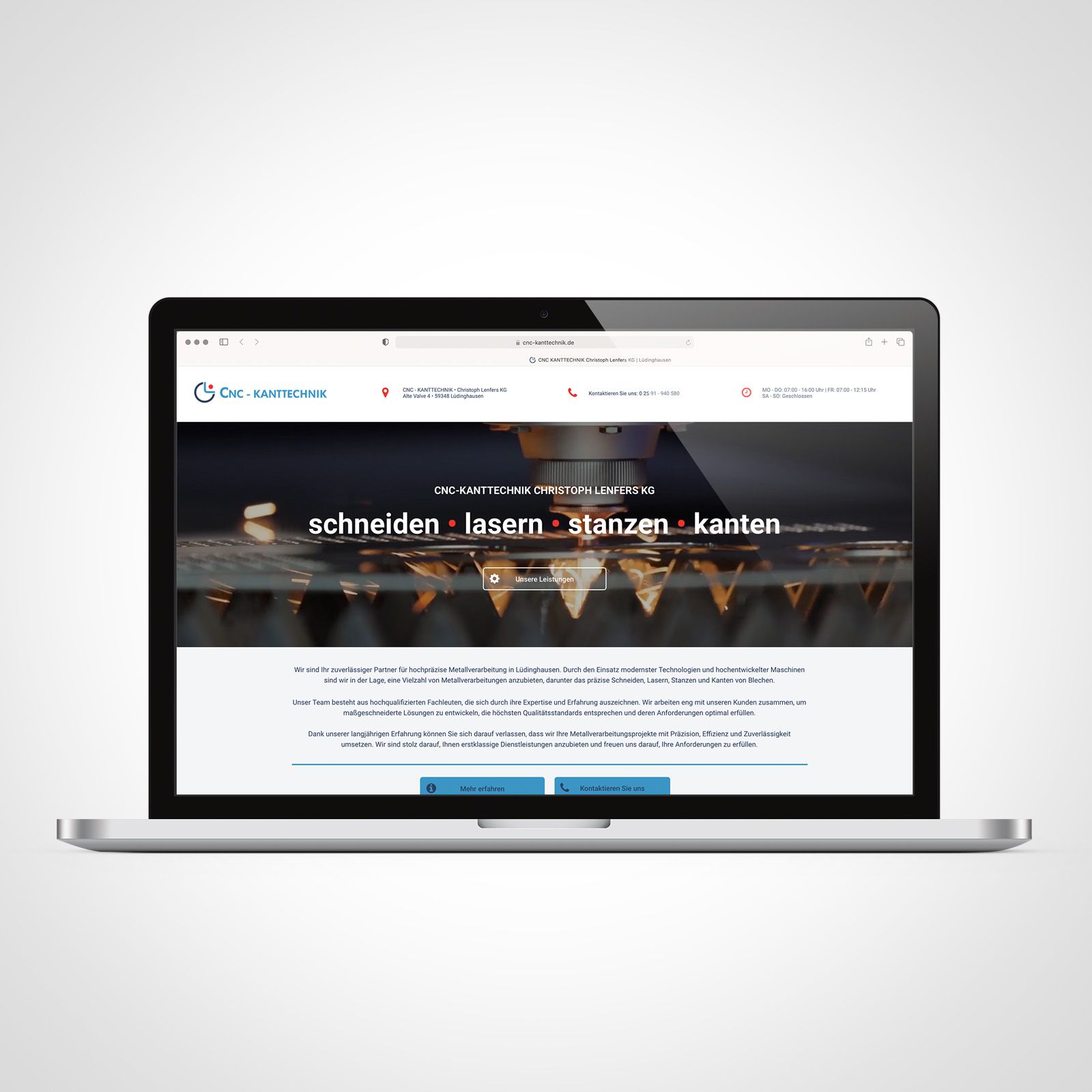 A laptop is open to a website that says scheiben lassen stanzen kanten