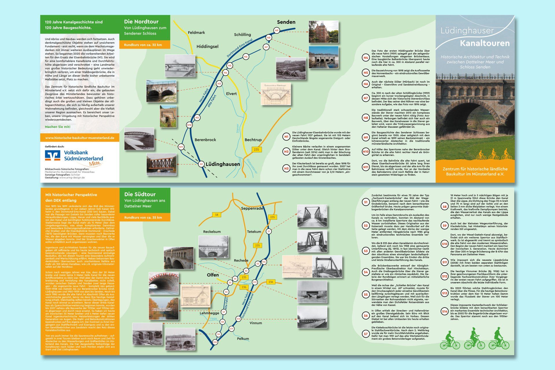 Eine grün-orangefarbene Broschüre mit einer Brücke im Hintergrund