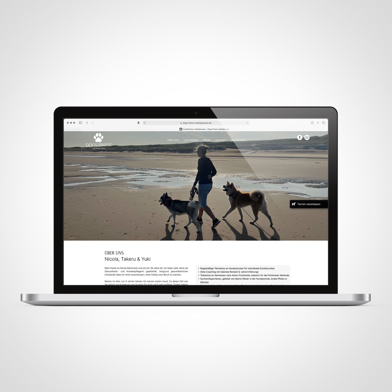 Auf einem Laptop-Bildschirm ist eine Frau zu sehen, die mit zwei Hunden am Strand spazieren geht.