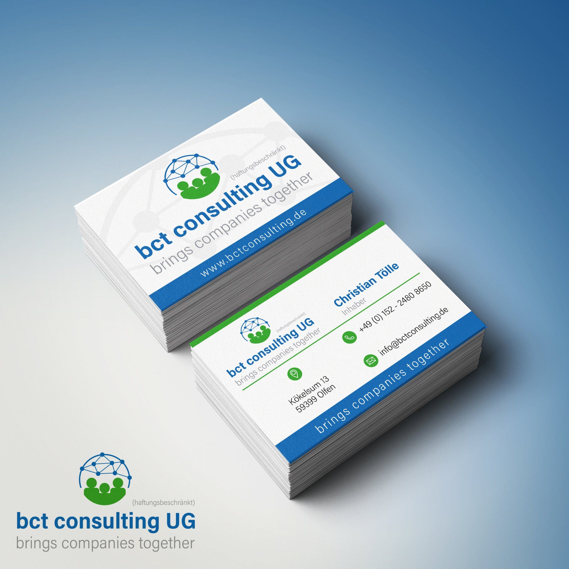 Ein Stapel Visitenkarten für BCT Consulting UG