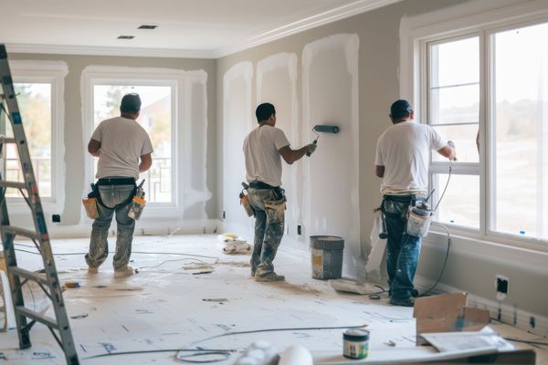 Three painters in white shirts applying paint to a room's walls, with windows and a ladder visible.