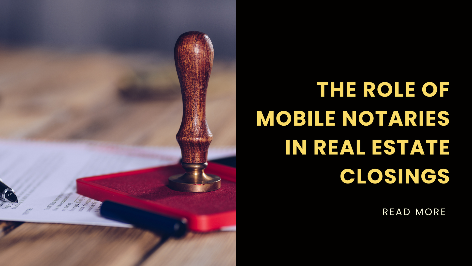 Notary public ink stamp on a signed document with the business logo, blog title, and read more optio