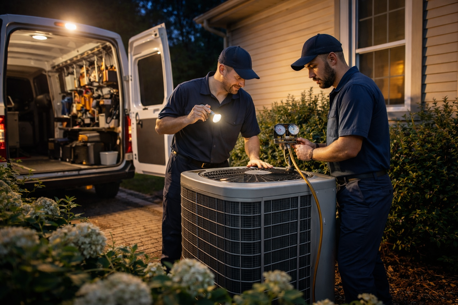 Two HVAC technicians working on an AC unit outside a house at night, illuminated by a flashlight.