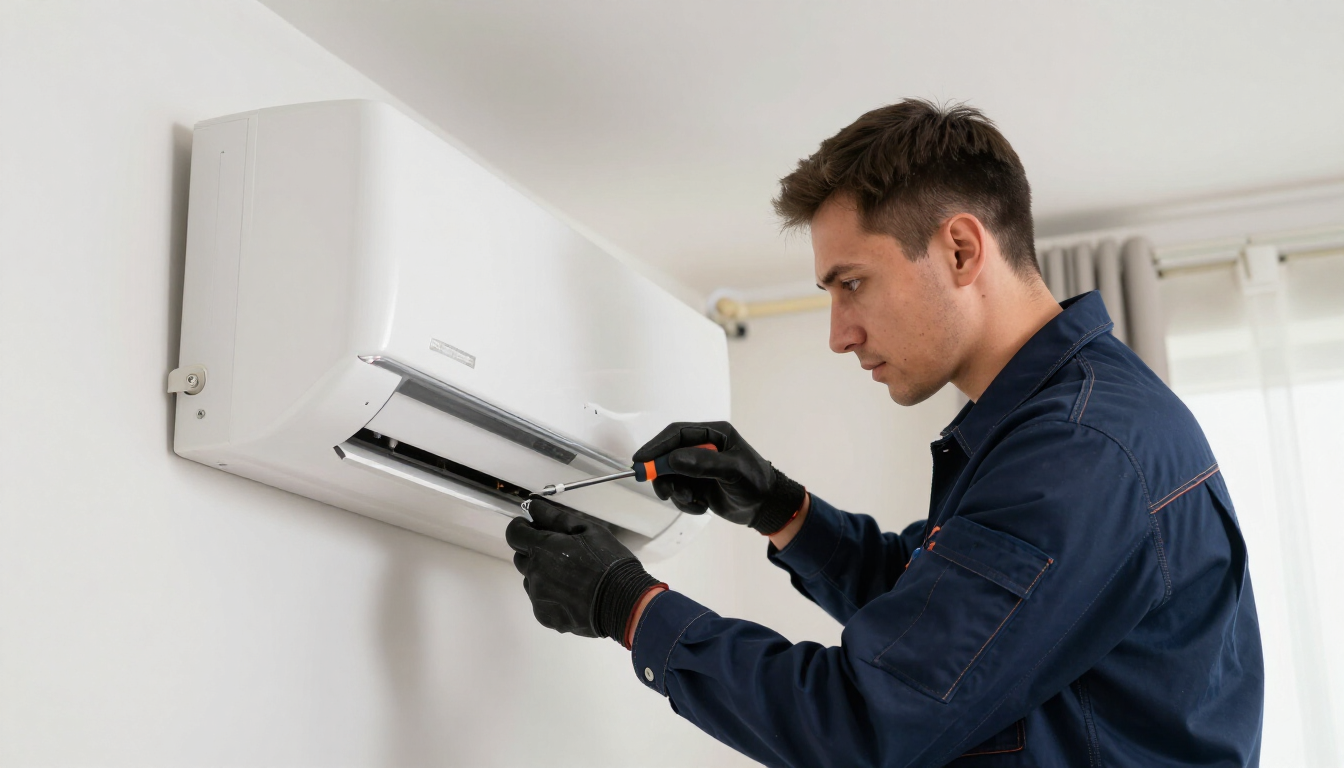 Technician inspecting and cleaning a wall-mounted air conditioner with tools indoors