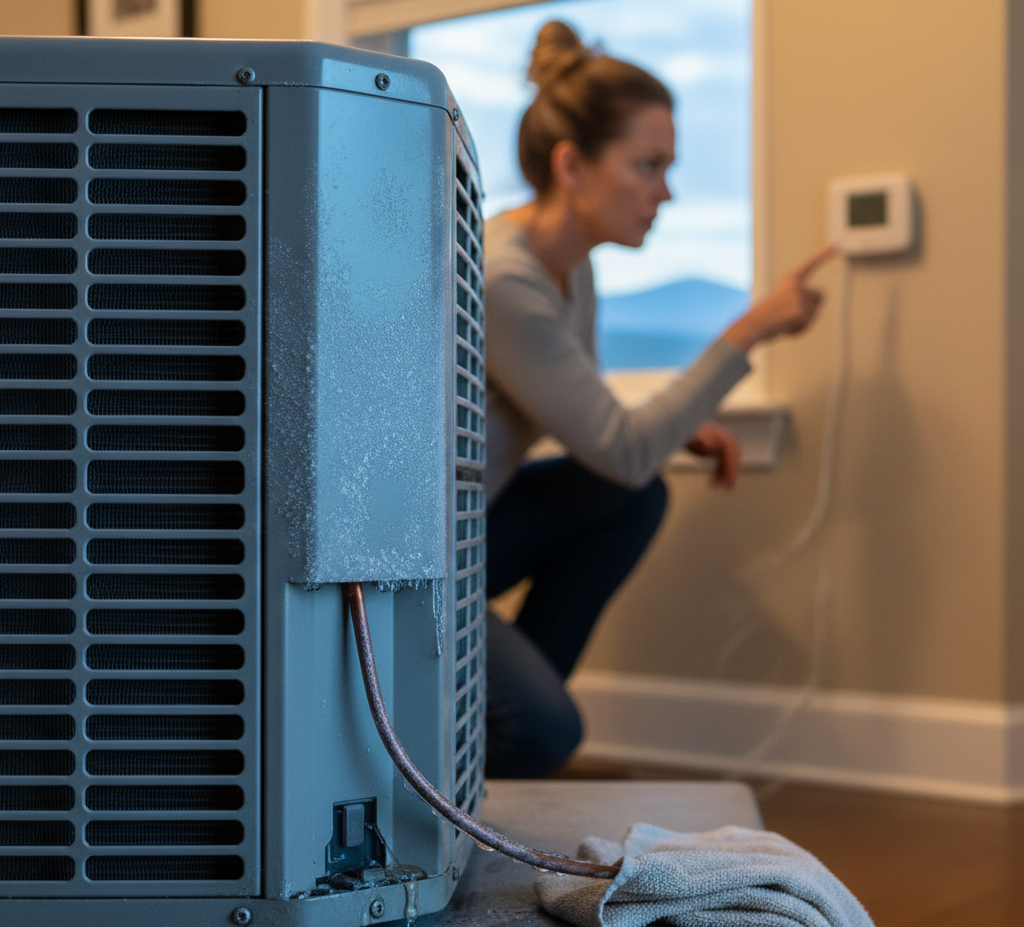 Woman adjusting thermostat near an AC unit with frost; towel on the floor.
