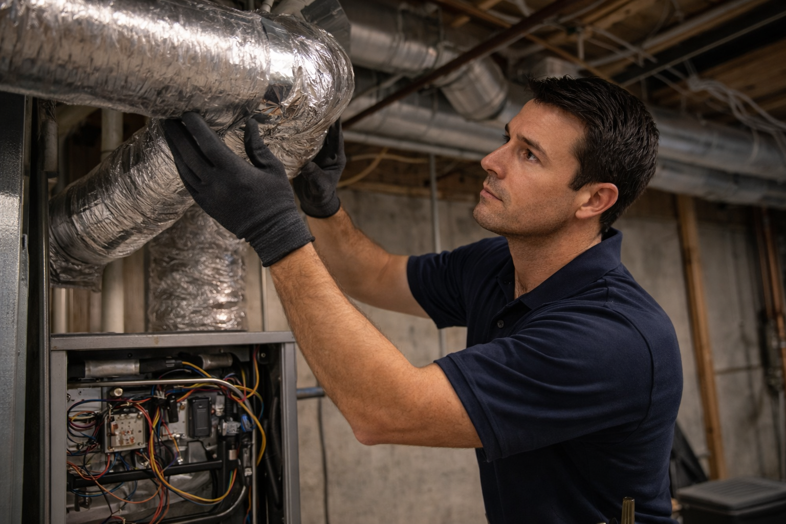 HVAC technician inspecting ductwork in a basement. Wearing gloves, he examines the silver, insulated pipes.