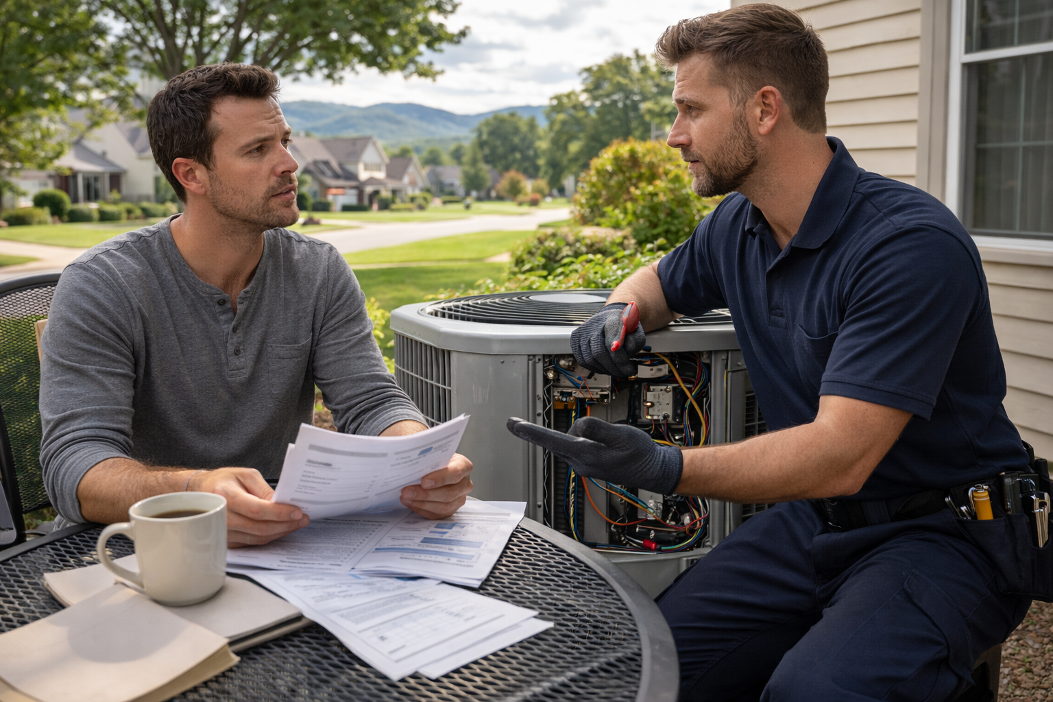 Man consults with HVAC technician near an air conditioning unit; papers and coffee on table.