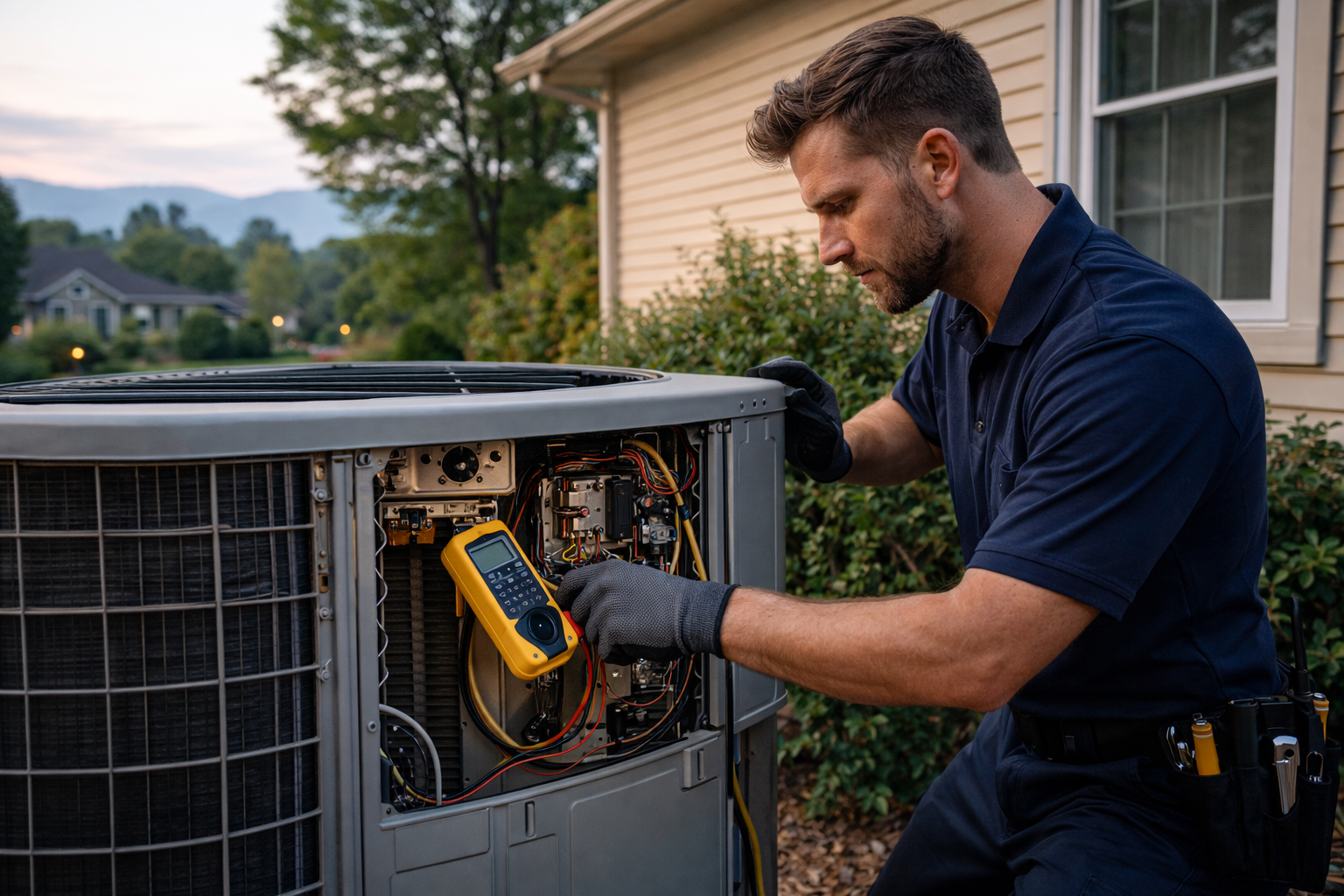 HVAC technician using multimeter to inspect an outdoor air conditioning unit.