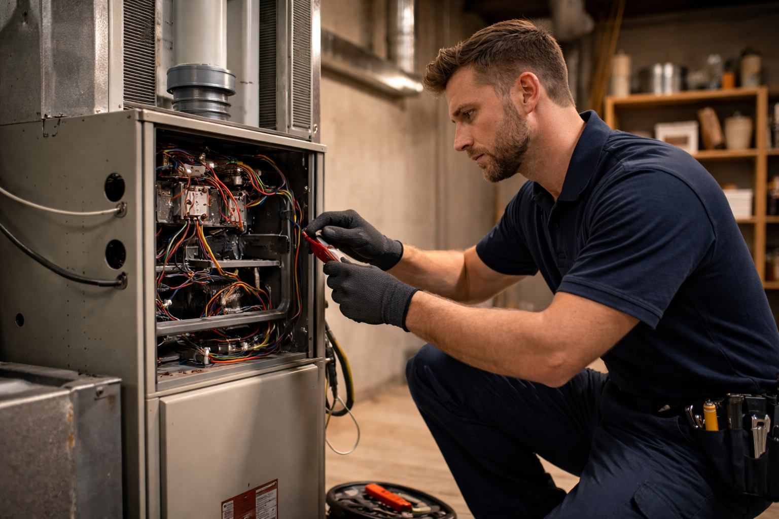 Man kneels, inspecting furnace wiring with a tool; a tool belt is visible, indoor setting.