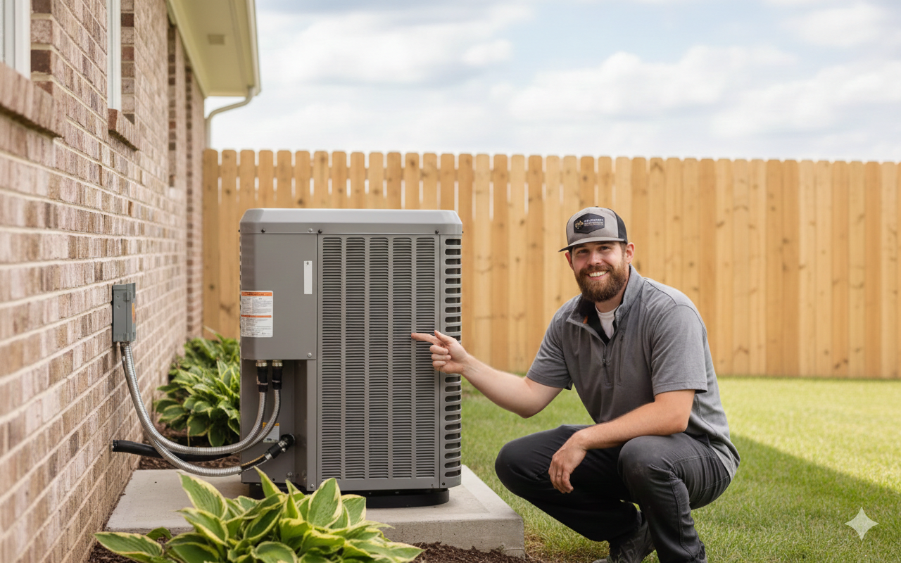 Man points at an air conditioning unit near a brick wall and wooden fence outdoors.