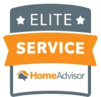 An elite service home advisor logo with an orange ribbon.