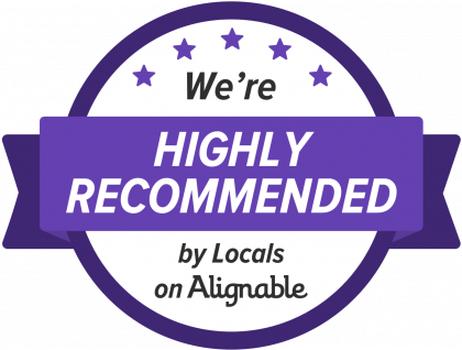 A purple badge that says we 're highly recommended by locals on alignable