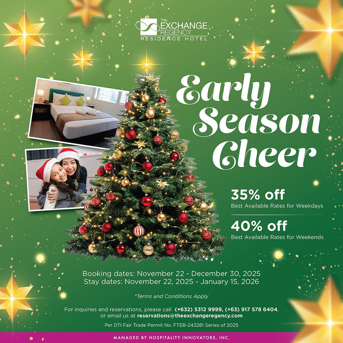 Christmas promotion ad with a tree, room photos, and discount details.