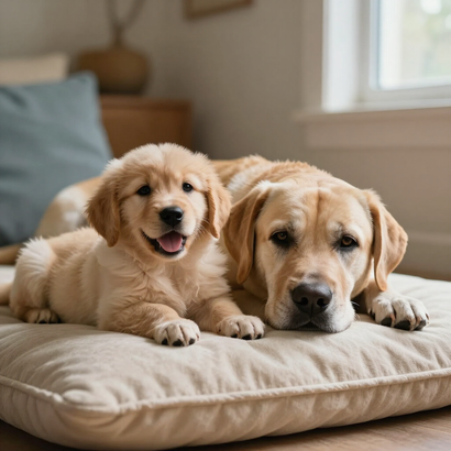 Two golden retriever puppies lying on a beige cushion in a cozy room.