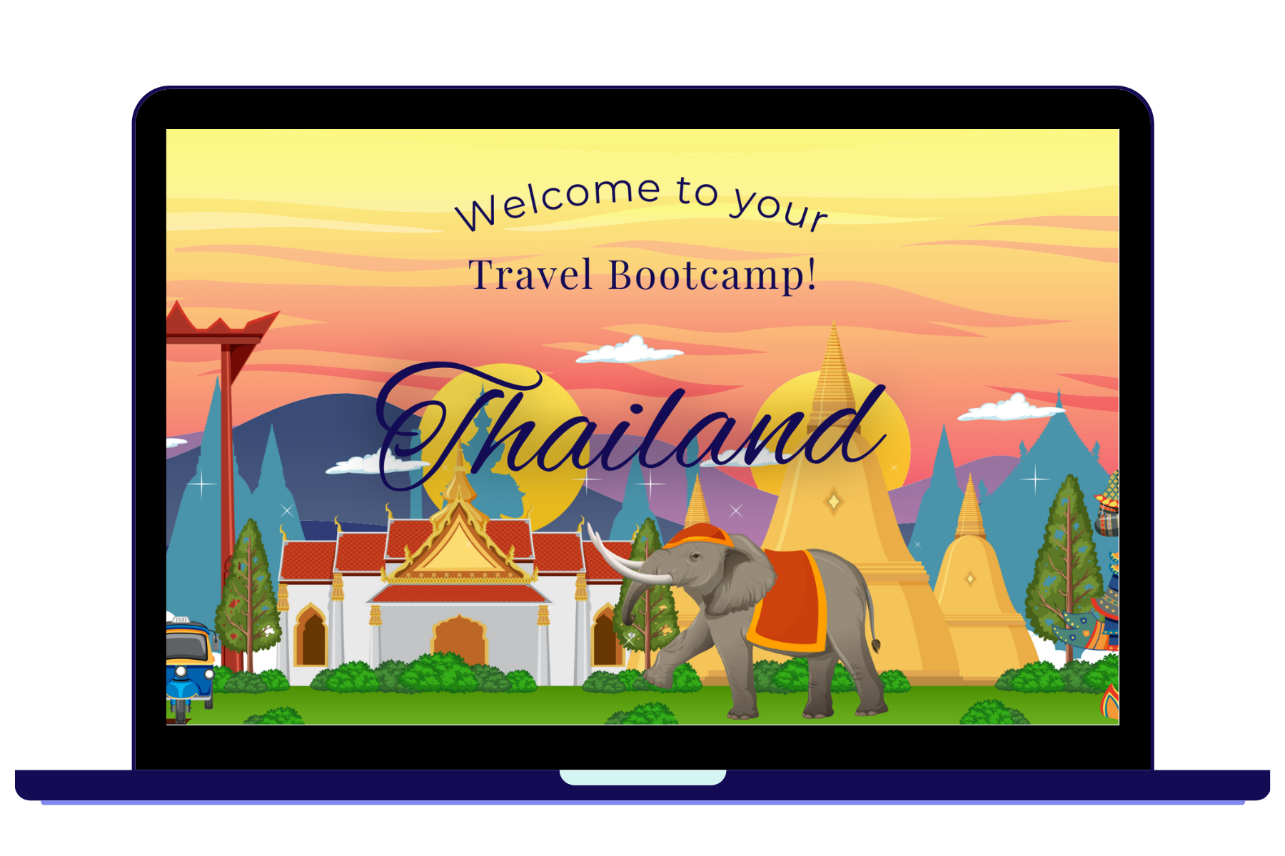 A laptop with a Thailand travel bootcamp advertisement on the screen.