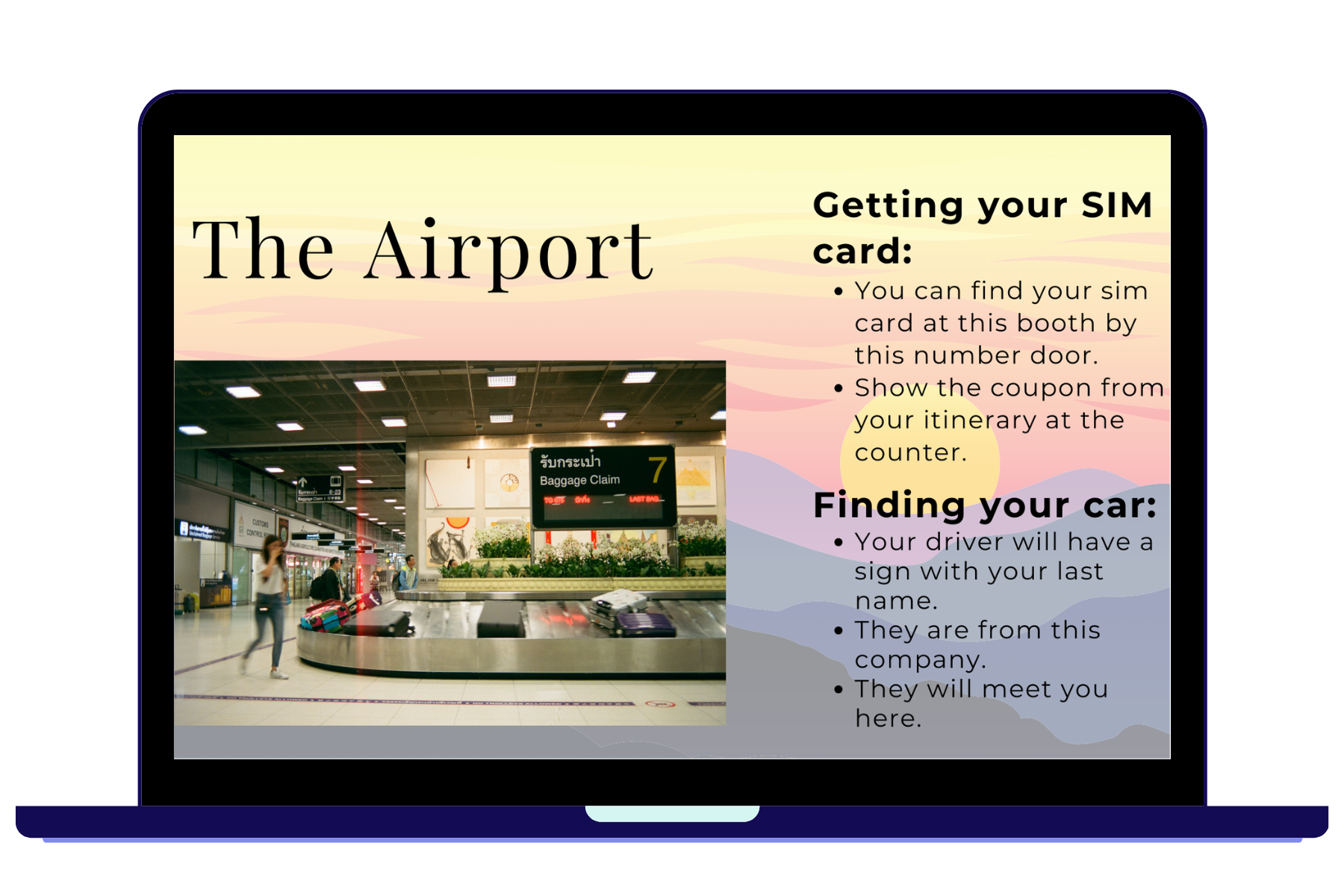 Laptop with a picture of an airport on the screen and text about airport tasks like getting a sim card and finding your car.