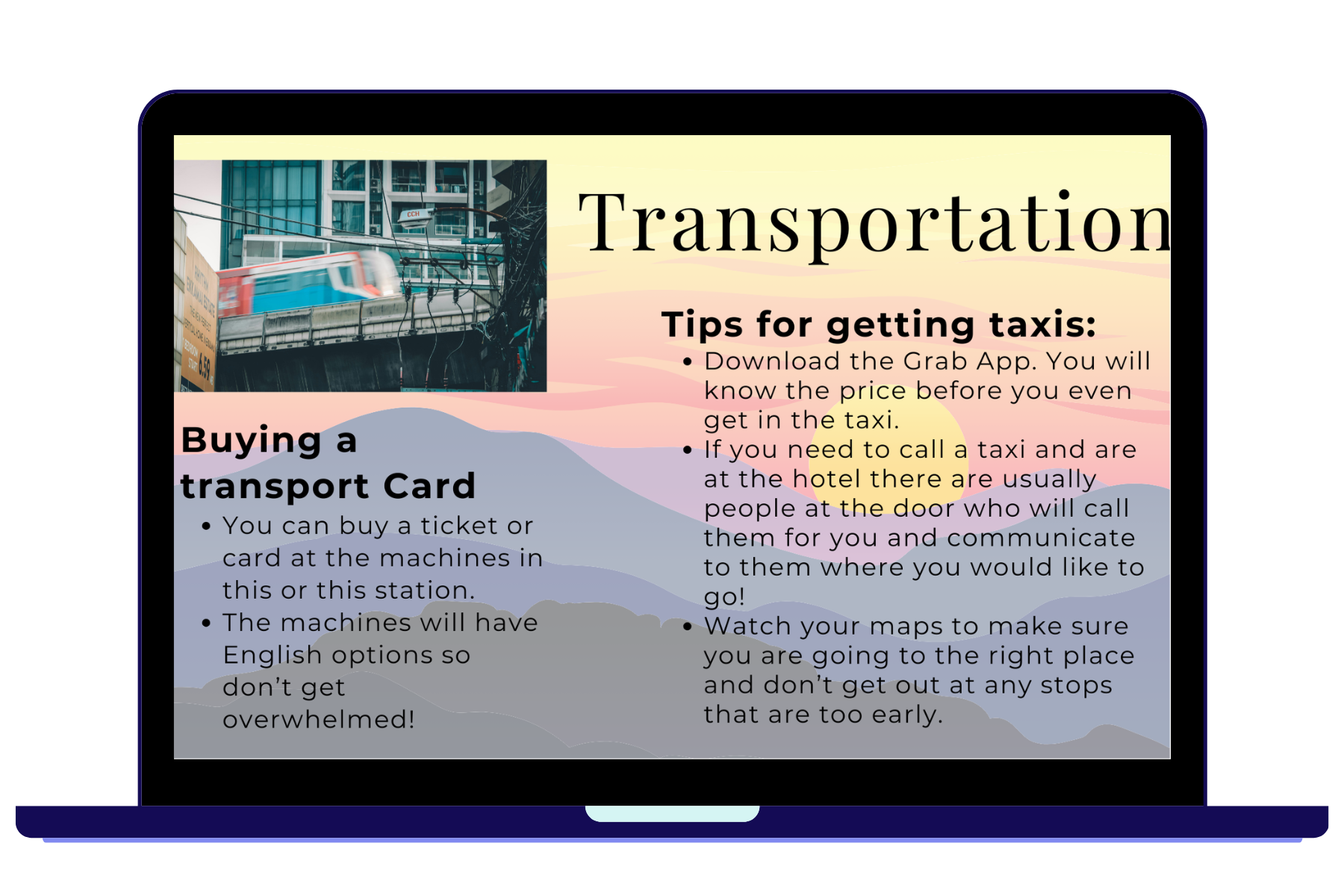 A laptop computer is open to a page with tips about getting taxis and buying a transport card.