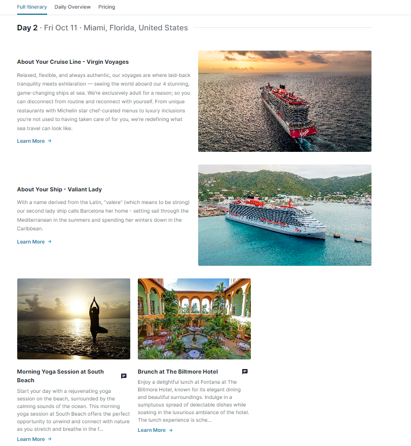 A screenshot of a visual itinerary showing pictures of a cruise ship in the ocean and text about the traveler's ship.