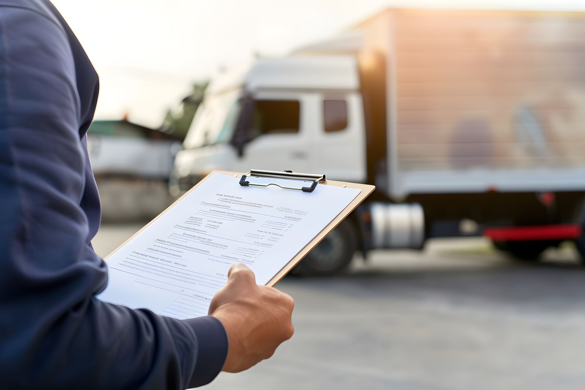 Une personne vêtue d'une veste bleue tient un bloc-notes avec une liste de contrôle devant un camion de livraison blanc.