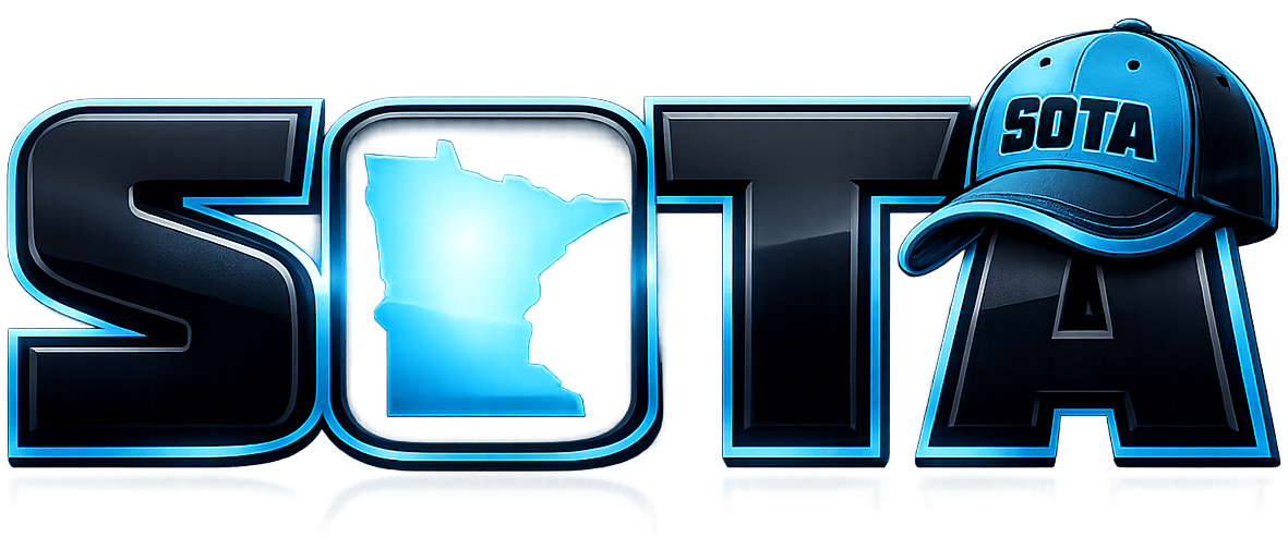 The word sota is written in black letters with a blue hat.