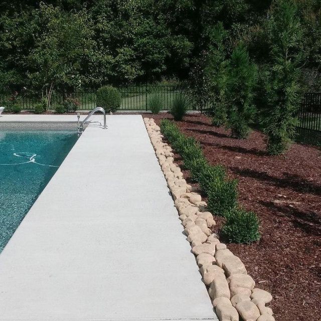 A swimming pool is surrounded by rocks and trees