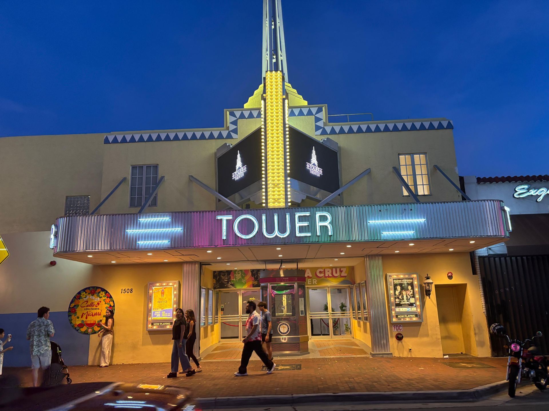 Theater Tower at Night in Little Havana seen on the Miami Sunset & City Lights Bus Tour 
