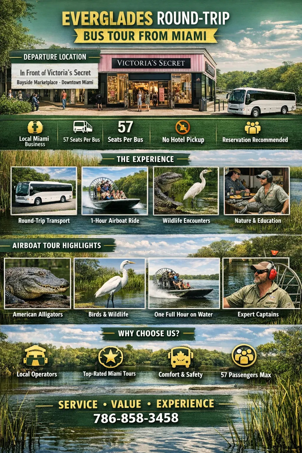 Miami Everglades tour round trip bus and airboat experience infographic from Bayside Marketplace