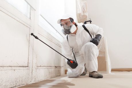 A man in a protective suit is spraying a wall with a sprayer.