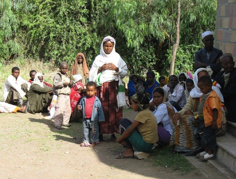 A group of people are gathered in a field with trees in the background