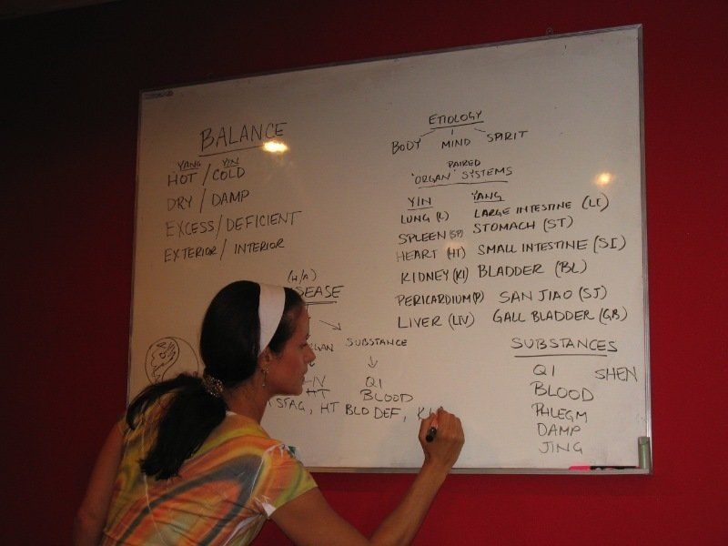 A woman is writing on a white board that says balance