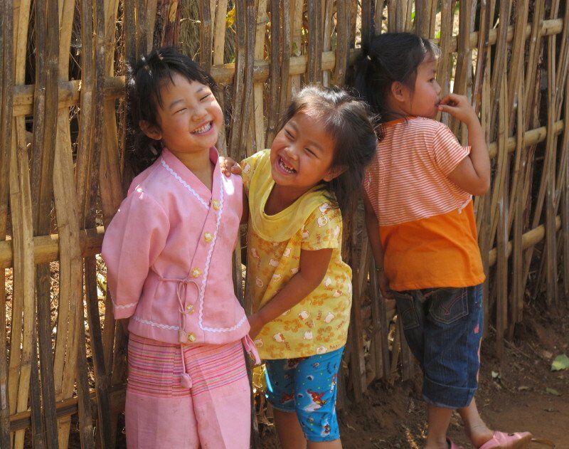 Three little girls are posing for a picture in front of a bamboo fence