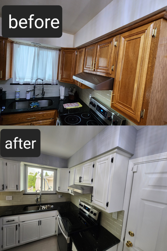 A before and after photo of a kitchen with wooden cabinets and white cabinets.