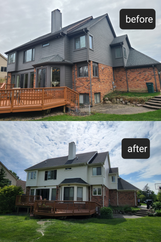 A before and after picture of a house with a deck.