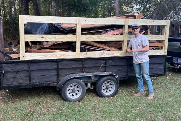 A man is standing in front of a trailer filled with wood
