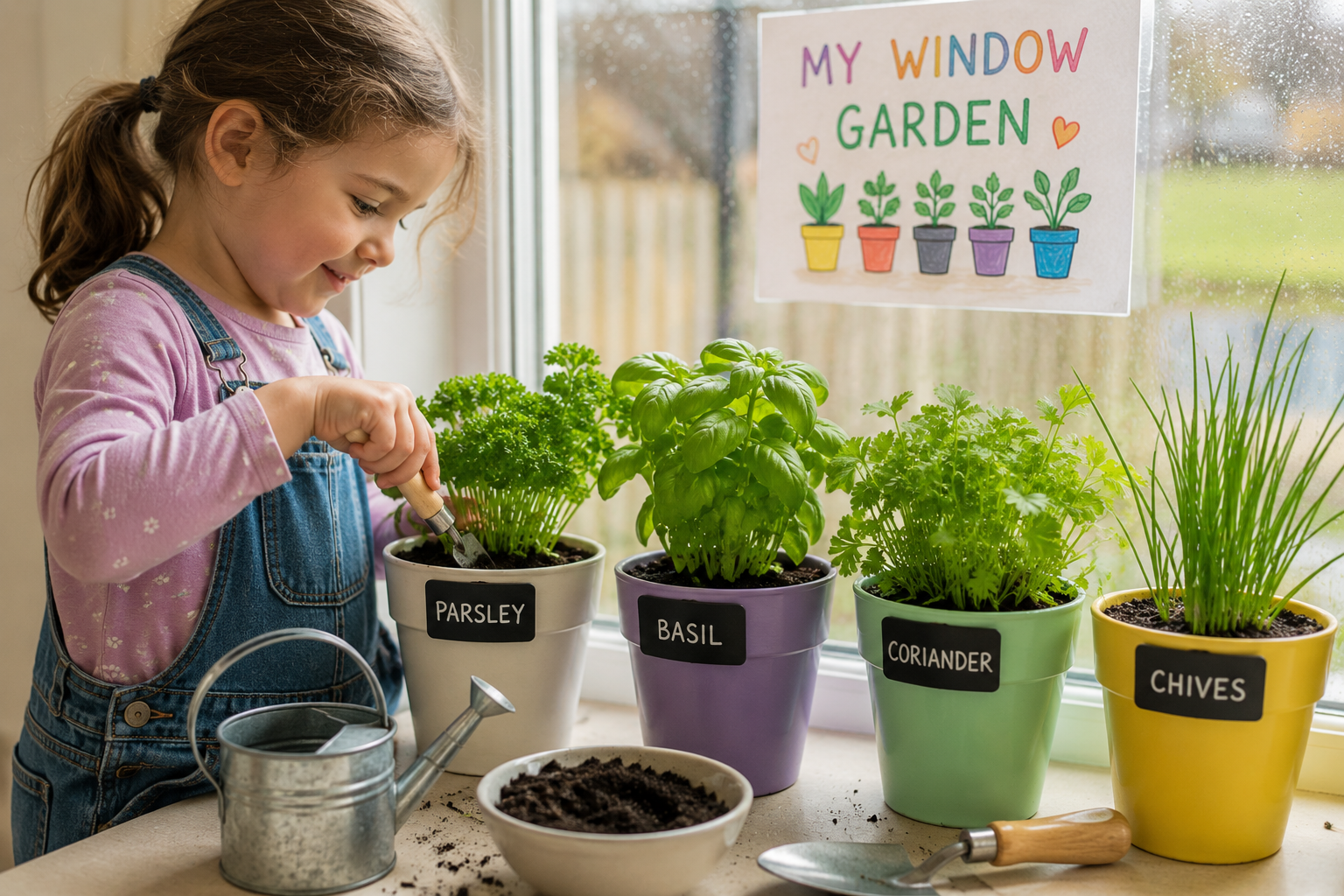 girl with plants in front of a window