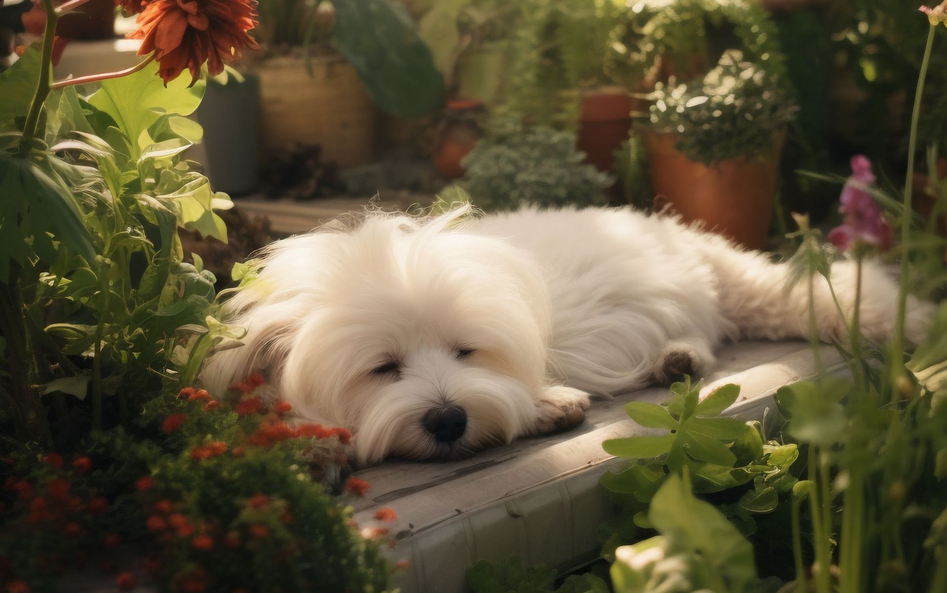dog sleeping in plants
