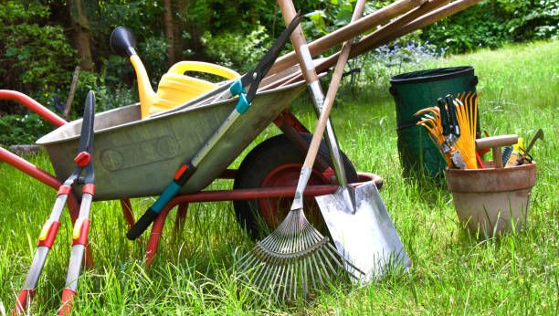 wheelbarrow and tools