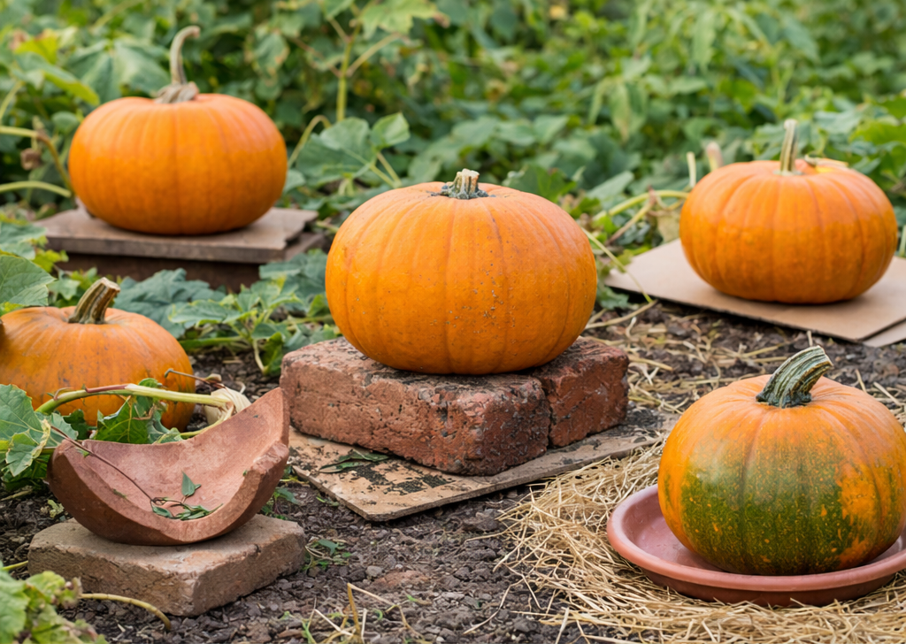 pumpkins on bricks and plates in a garden