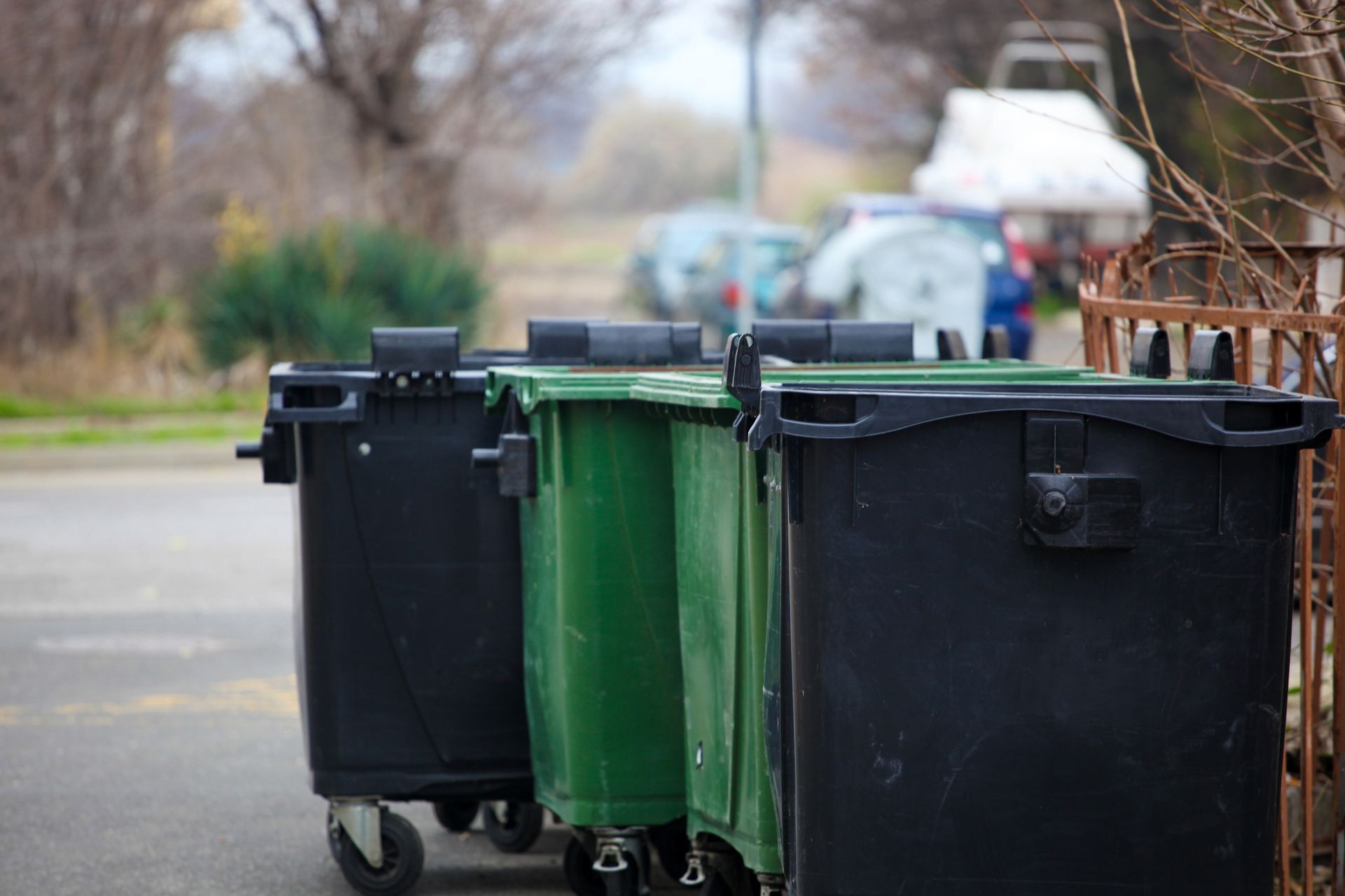 A row of trash cans are lined up on the side of the road.