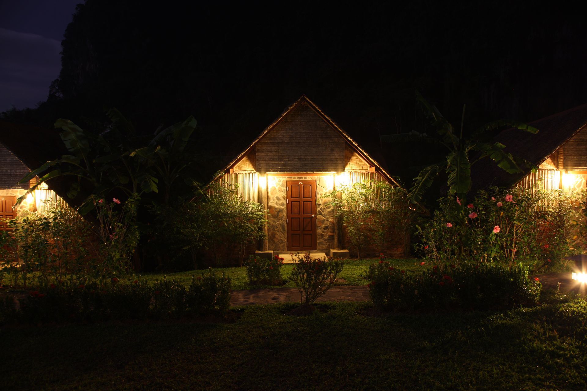 Lit wooden cabins at night, with flowers and foliage in front.