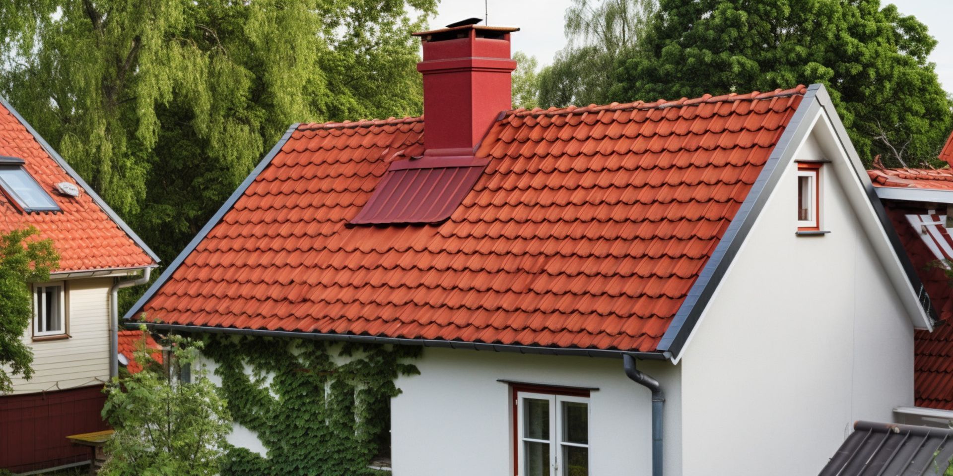 White house with a red tile roof and chimney, surrounded by green trees.