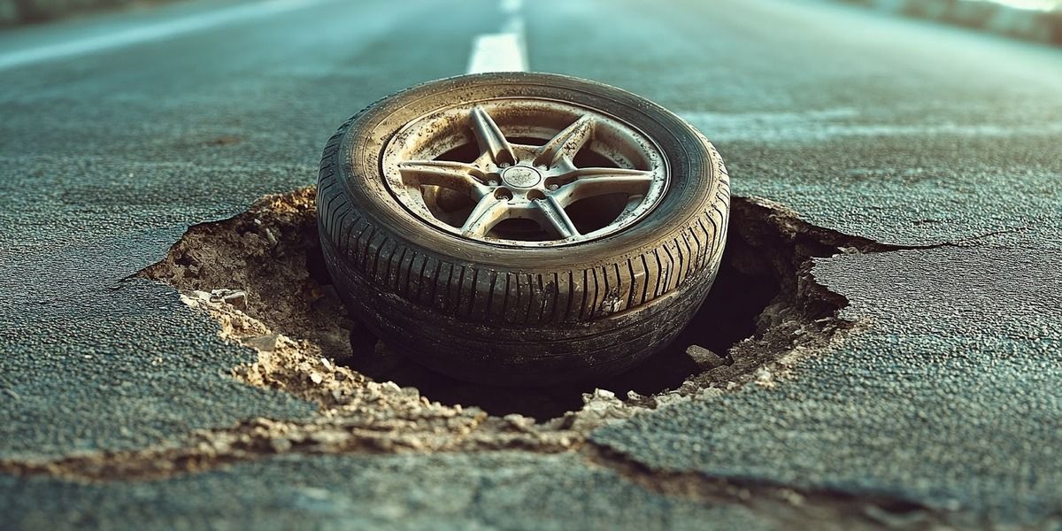 A car wheel is lodged inside a deep, jagged pothole in the middle of an asphalt road.