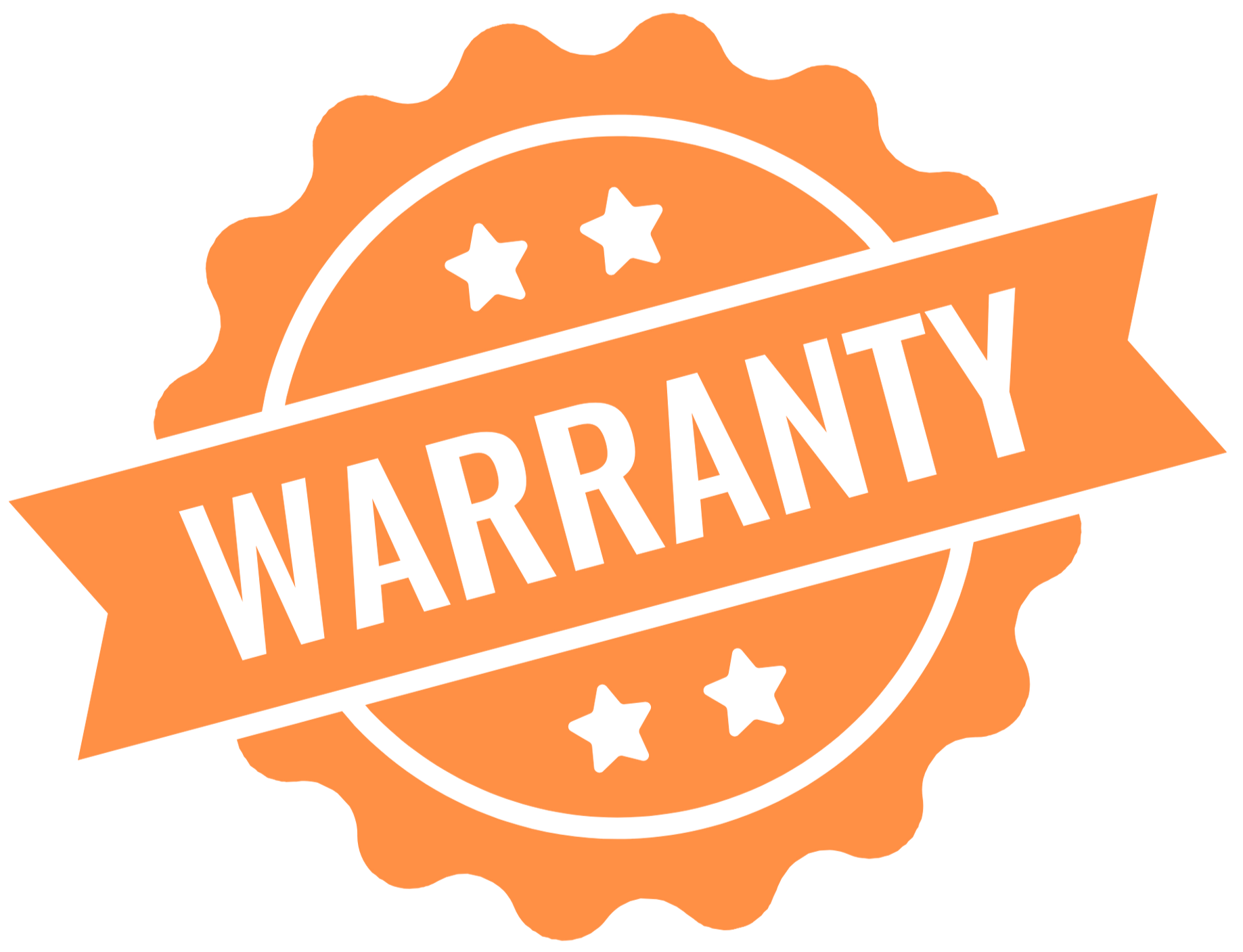 Orange circular badge with a scalloped border featuring the word 